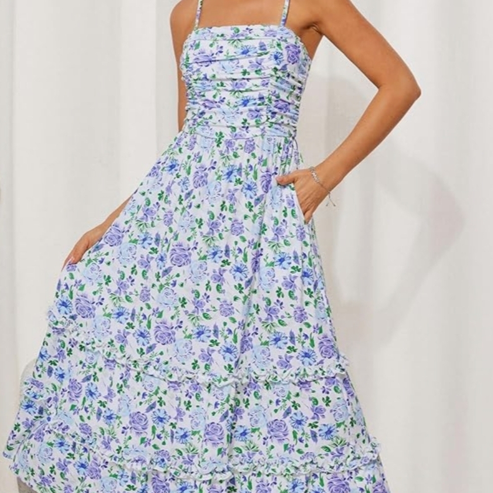 Grace Karin Floral Maxi Dress - Blue and White